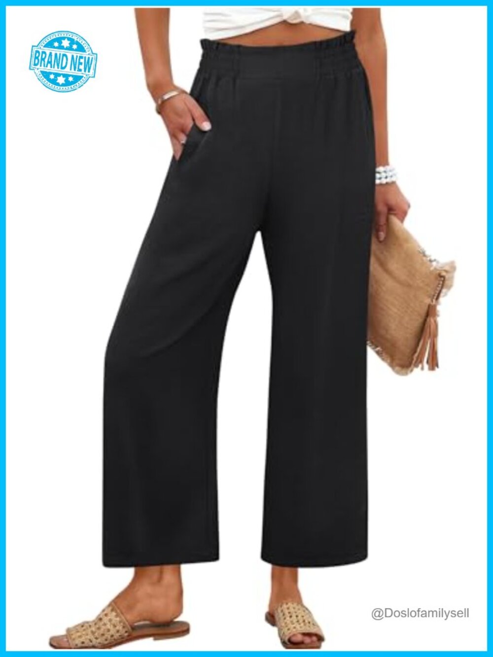 Womens Wide Leg Cropped High Waist Palazzo Trousers Pull On Pockets